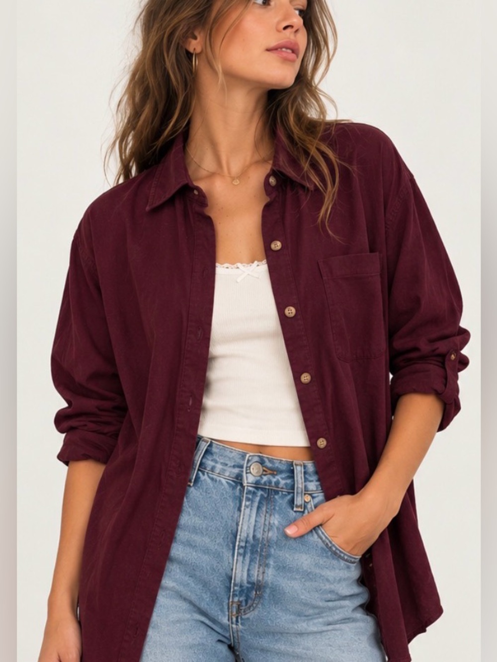 NWT SO Favorite Shirt Burgundy Wine Long Button Down Top Small
